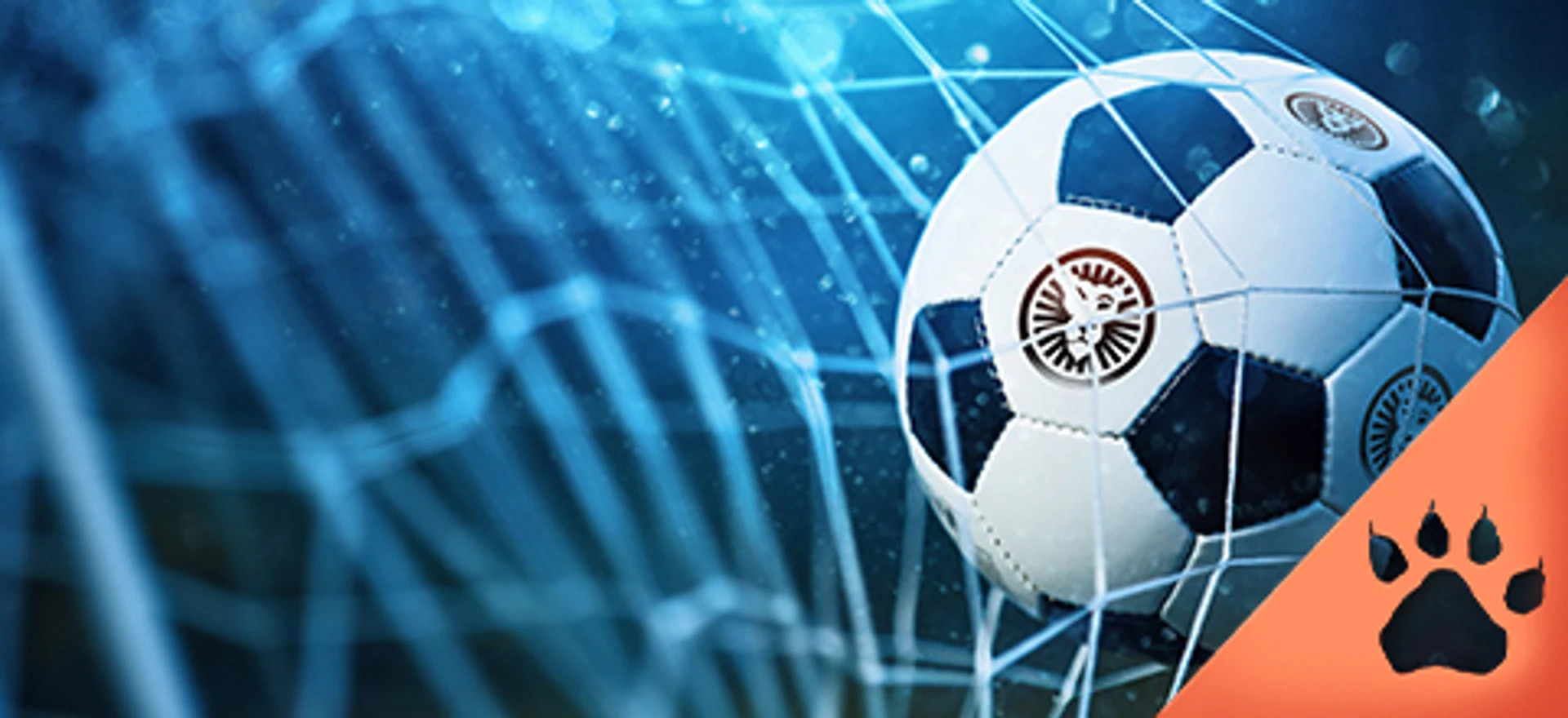 Fodbold med LeoVegas-logo rammer nettet i blåt stadionlys – symbol på mål og sports betting
