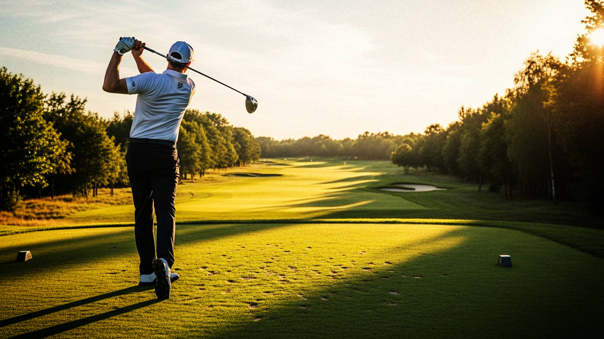 Golfspiller i sving på golfbane