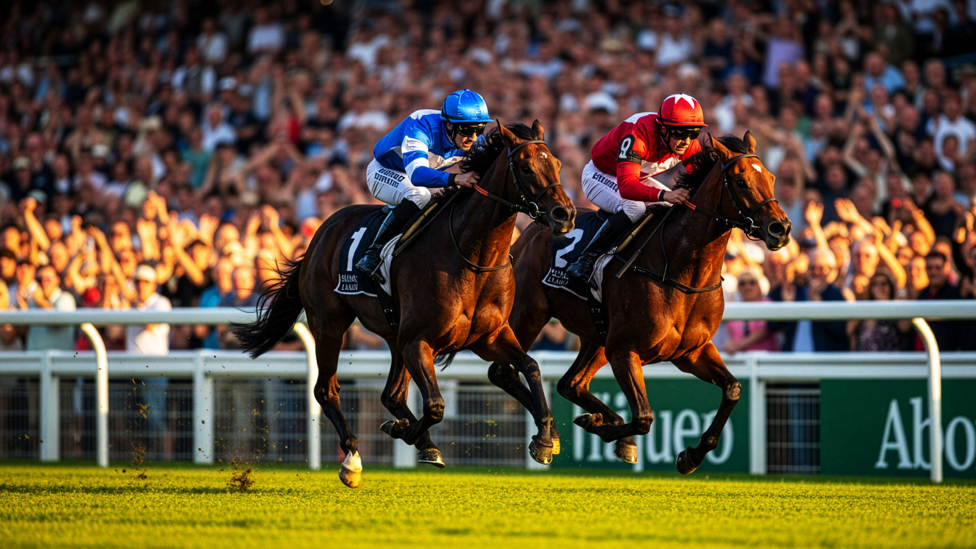 To galopheste med jockeys kæmper om førstepladsen i hestevæddeløb