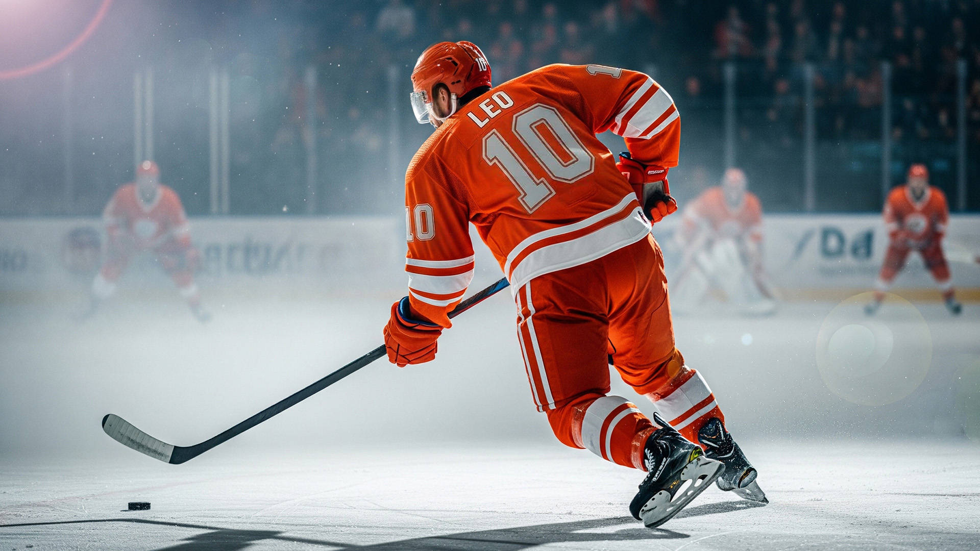 Ishockeyspiller i rød dragt skøjter med puck under kamp på isen