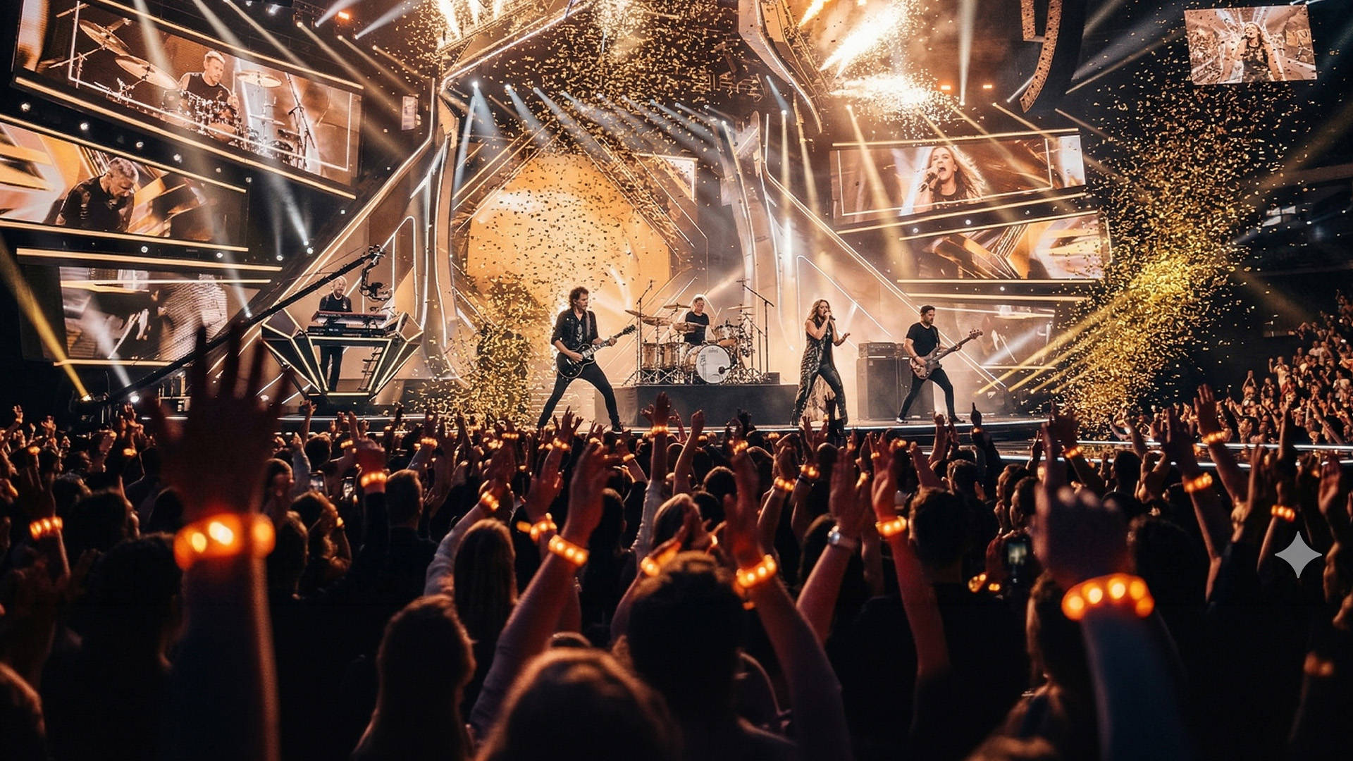 Live koncert med band på scenen og publikum med hænder i vejret