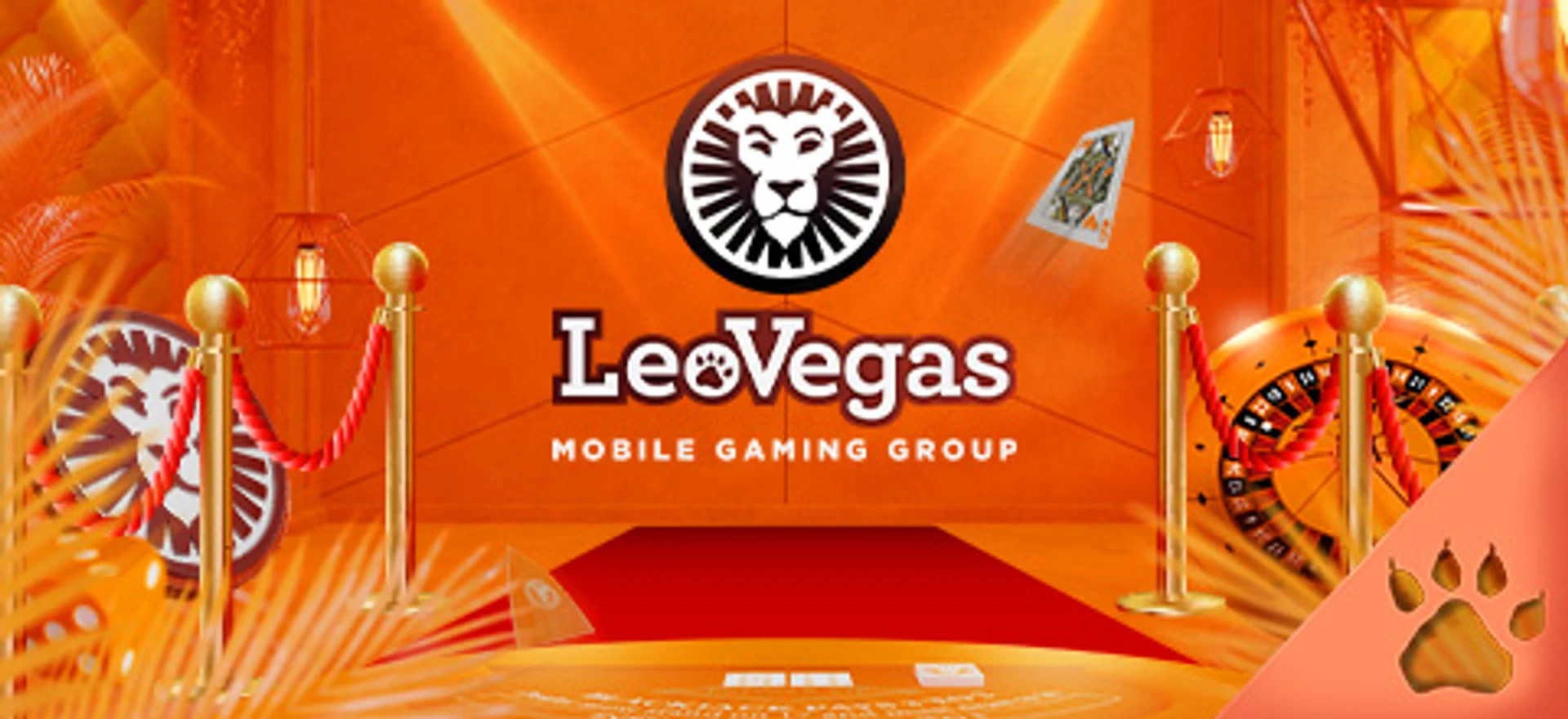 LeoVegas-logo med rød løber, spillekort og roulettehjul i en gylden-orange casinoindgang