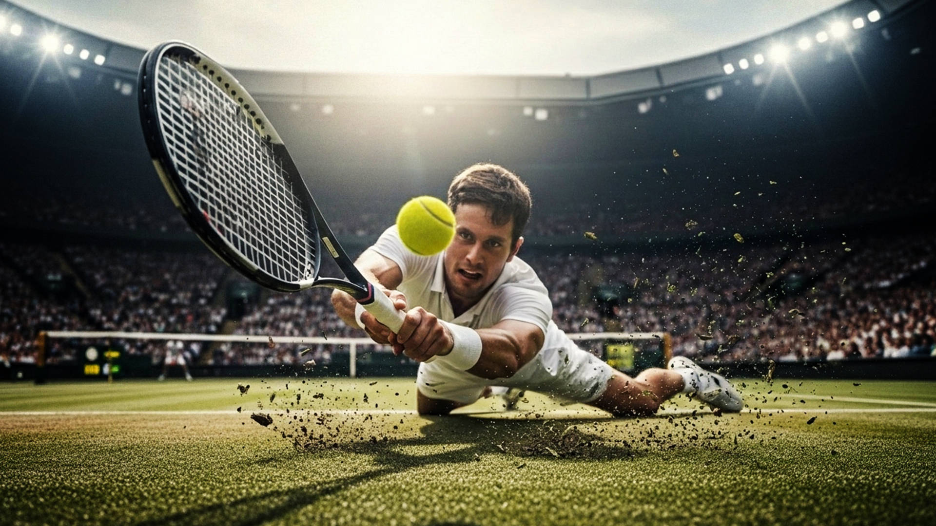 Mandlig tennisspiller dykker efter bold på bane.
