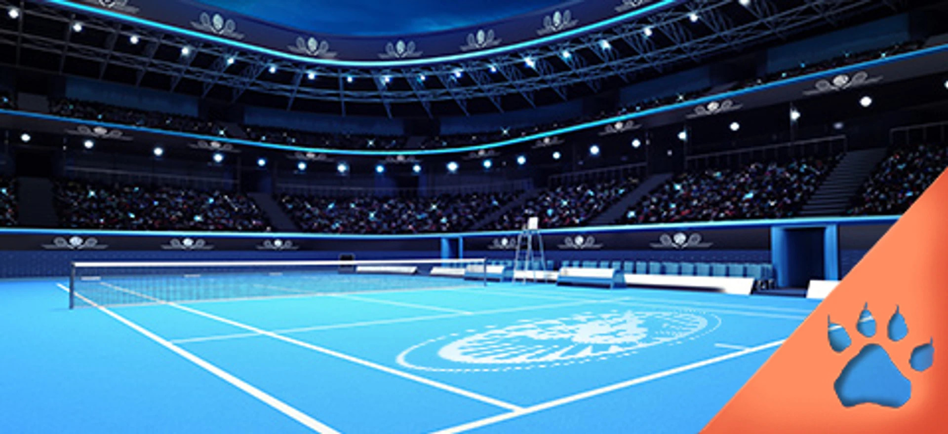 Oplyst tennisscene med blå hardcourt-bane og tilskuere i fyldt stadion