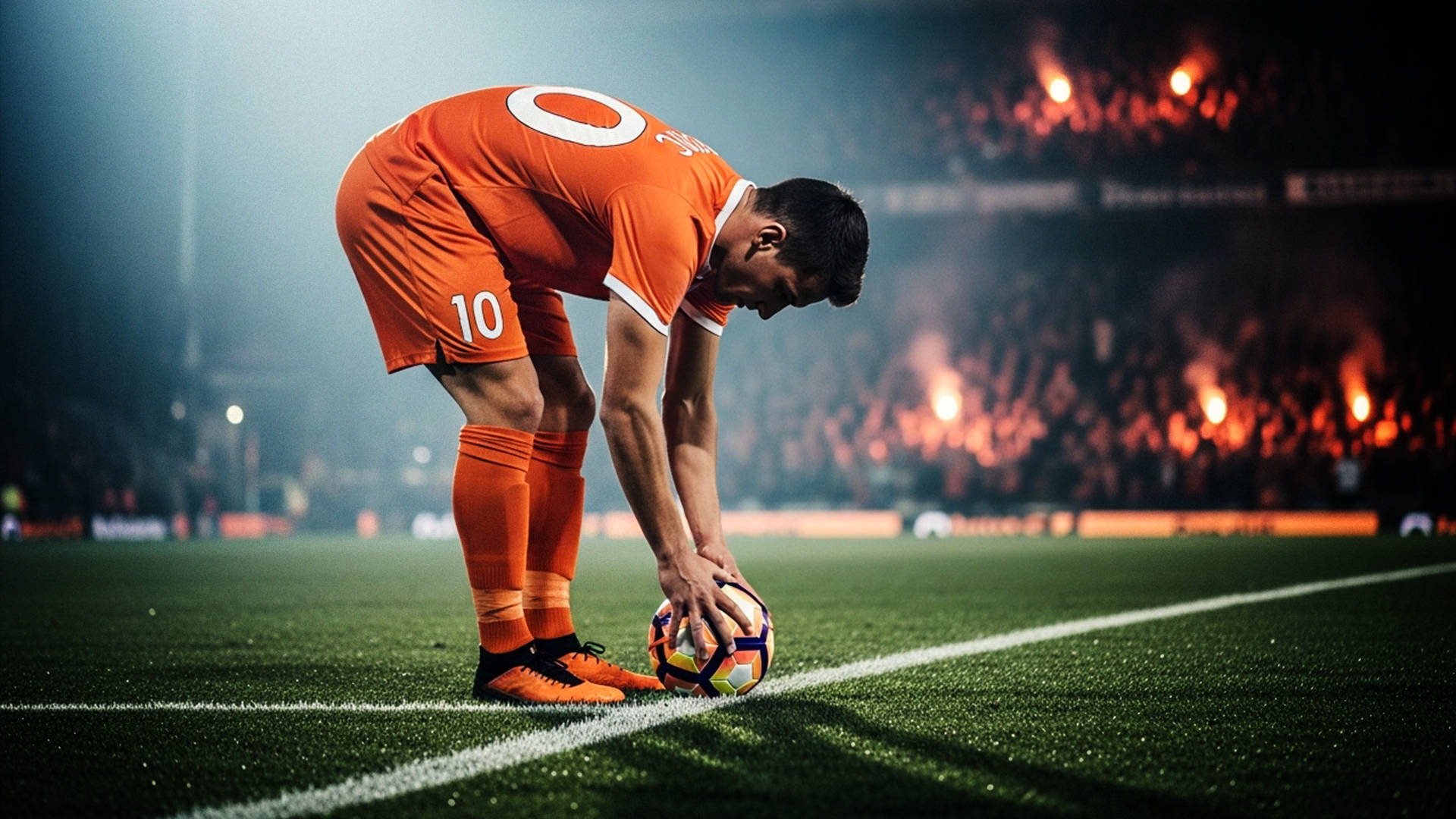 Fodboldspiller i orange trøje med nummer 10 bøjer sig ned og placerer bolden på banen under en kamp i et oplyst stadion med publikum i baggrunden.
