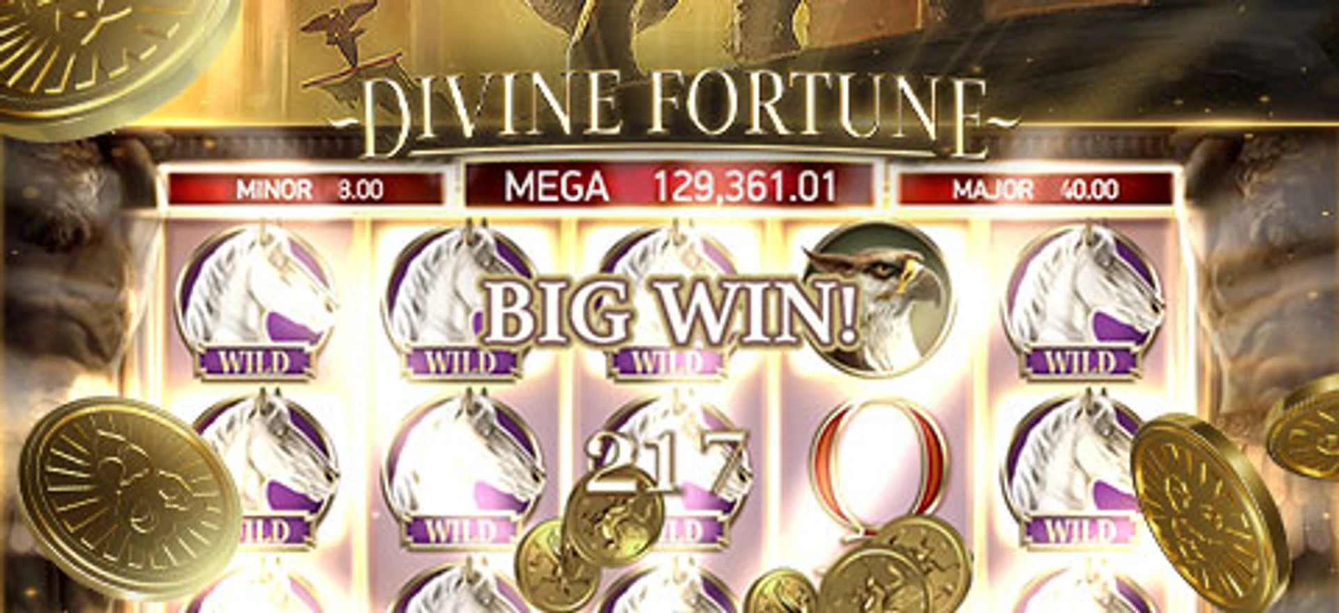 Divine Fortune-slot med stort BIG WIN-banner, wild-symboler med hvid hest og gyldne mønter, samt jackpotbeløb i toppen.