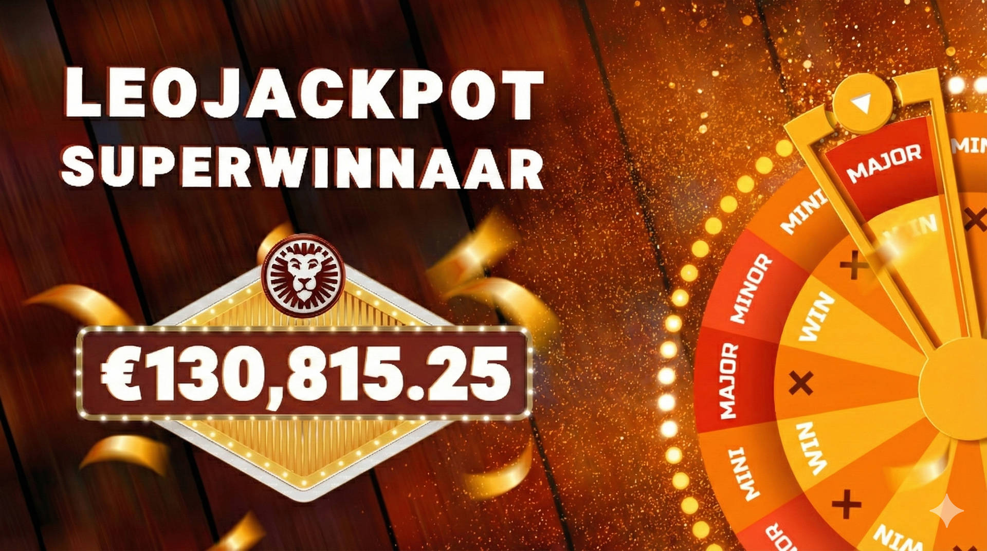 LeoJackpot Superwinnaar met een bedrag van €130,815.25 en een rad met prijzen.