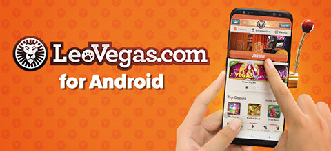 Puhelin jossa on LeoVegas nettisivut auki ja teksti "LeoVegas For Android