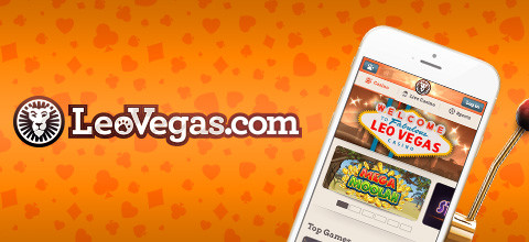LeoVegas nettisivut näkyvillä puhelimessa ja teksti "LeoVegas.com"