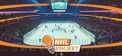 NHL jääkiekko-ottelu täydessä hallissa, jossa on teksti "NHL Vihjeet"
