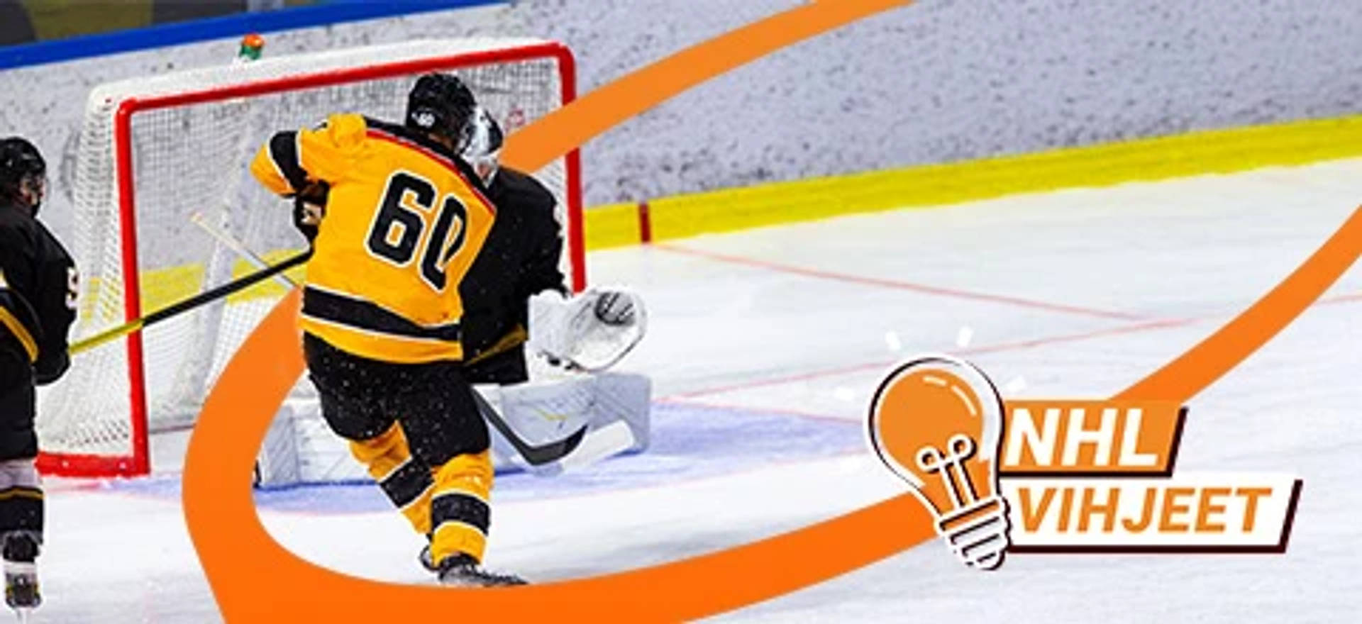 Jääkiekkoilija tekemässä maalia, jossa on teksi "NHL Vihjeet"