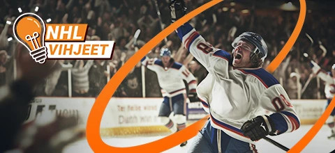 Jääkiekkoilija tuulettaa yleisön edessä, jossa on teksti "NHL Vihjeet"