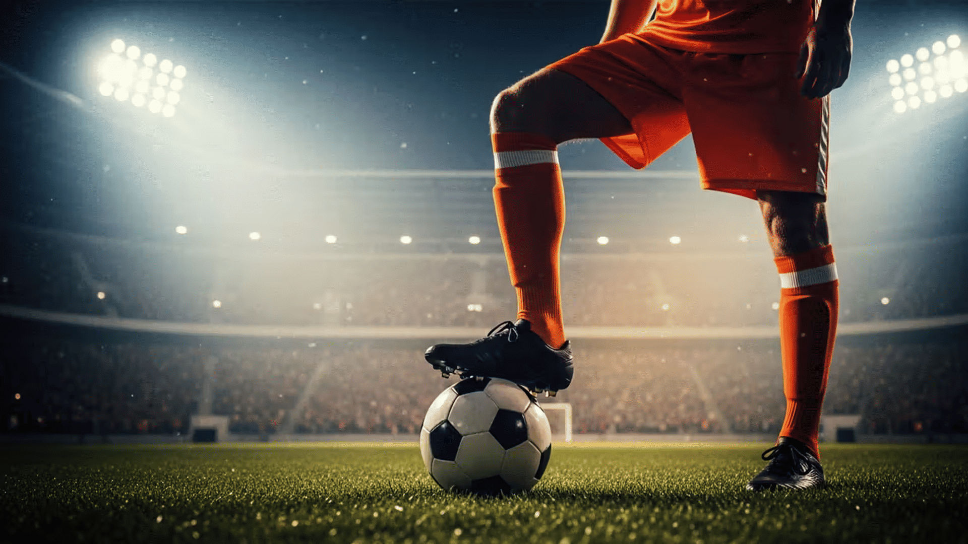 Pelaaja pallon kanssa stadionilla parrasvaloissa