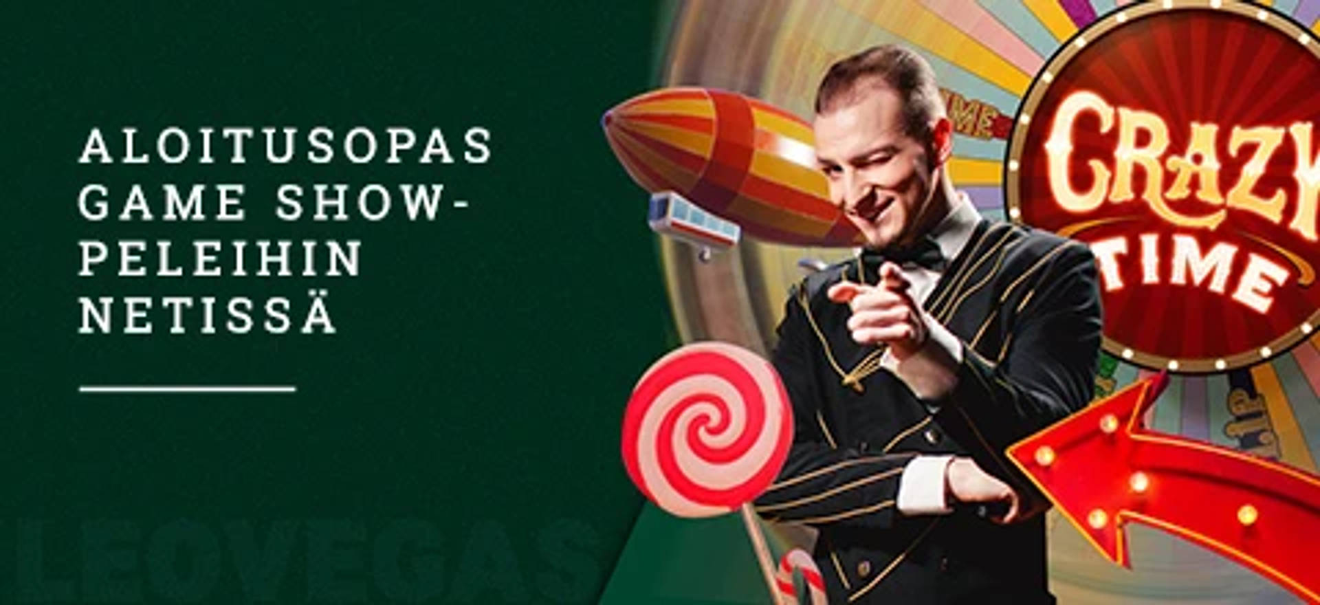 Kuva jossa on teksti "Aloitusopas Game Show-peleihin Netissä" ja oikealla puolella on henkilö smokissa osoittamassa katsojaa.