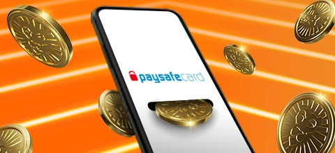 Puhelimen näytöllä näkyy Paysafecard-logo ja ympärillä on kultaisia kolikoita