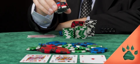 Kuva pokeripöydästä, jossa on pelimerkkejä ja kortteja.