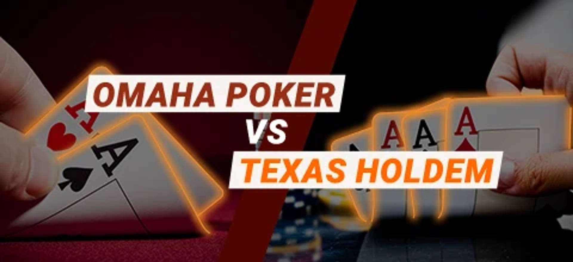 Kuva jossa verrataan Omaha Pokeria ja Texas Holdemia. Teksti "Omaha Poker vs Texas Holdem"