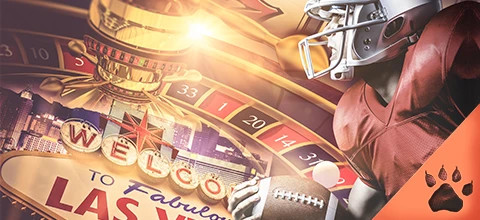 Amerikkalainen jalkapallo kohtaa kasinon, kuvassa on ruletti, Las Vegas-kyltti ja jalkapallovarusteissa oleva pelaaja