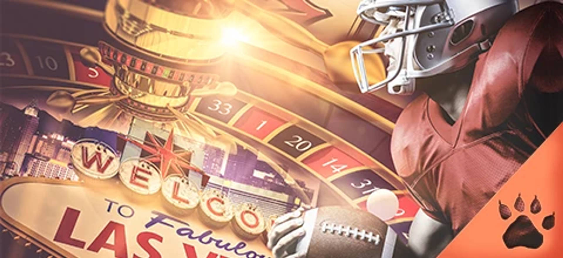 Amerikkalainen jalkapallo kohtaa kasinon, kuvassa on ruletti, Las Vegas-kyltti ja jalkapallovarusteissa oleva pelaaja