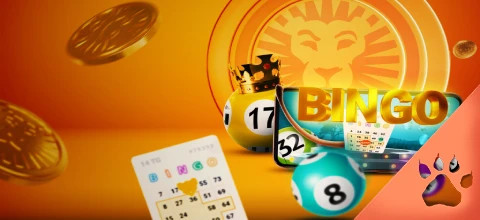Ett bingokort med markerade nummer i förgrunden, och LeoVegas lejonlogga i bakgrunden