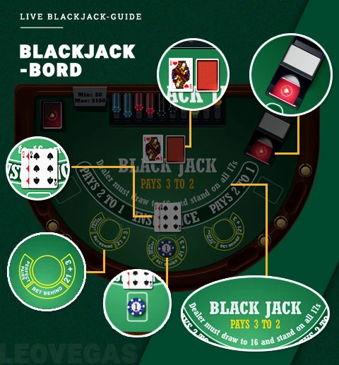 Ett blackjackbord som visar satsningsområdena samt platser för dealerns och spelarens kort