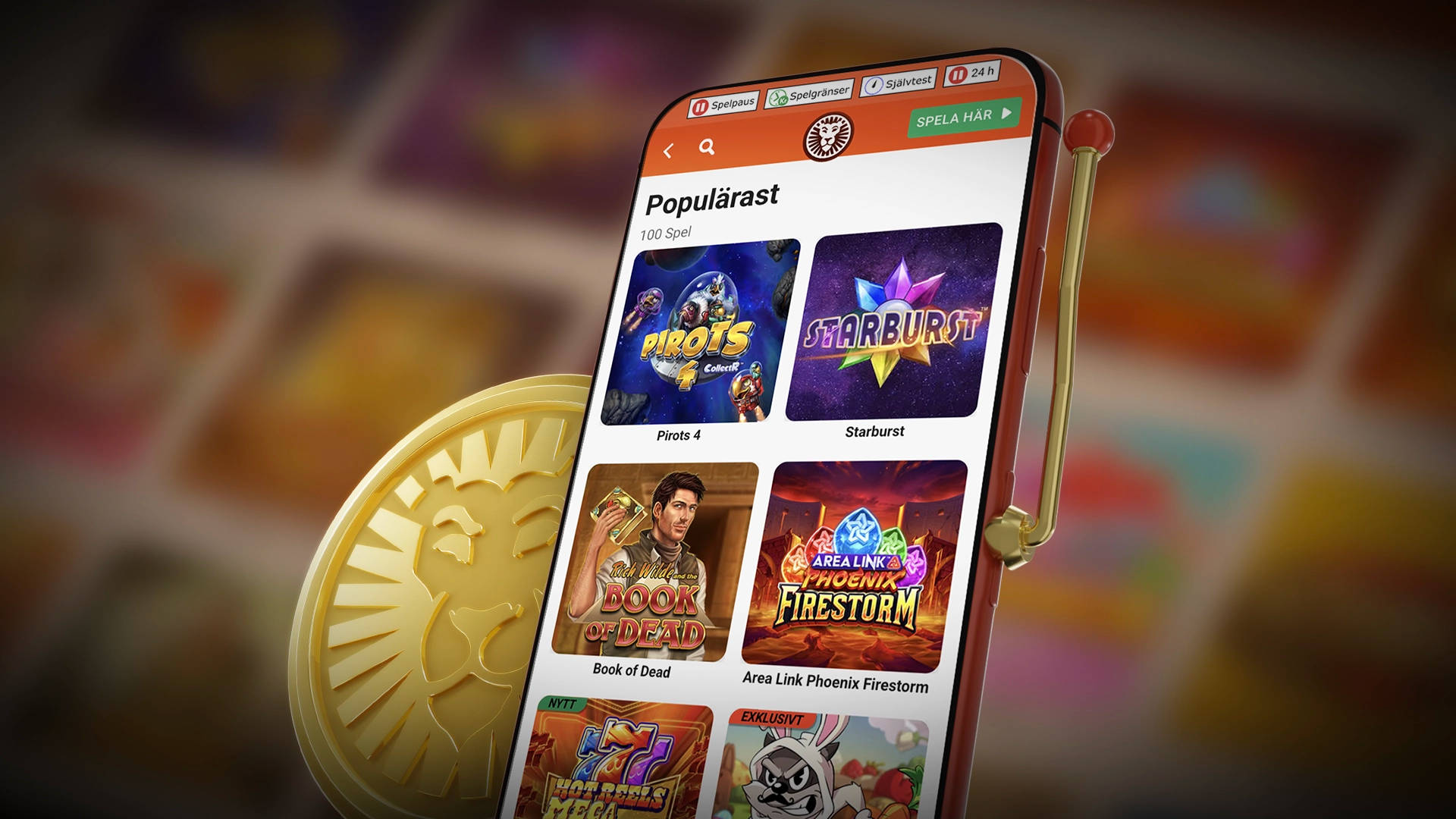 Mobil som ser ut som en enarmad bandit visar populära slots som Pirots 4, Starburst och Book of Dead.