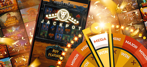 Banner som annonserar LeoJackpot, med slotspel i bakgrunden och det snurrande LeoJackpot-hjulet i förgrunden.