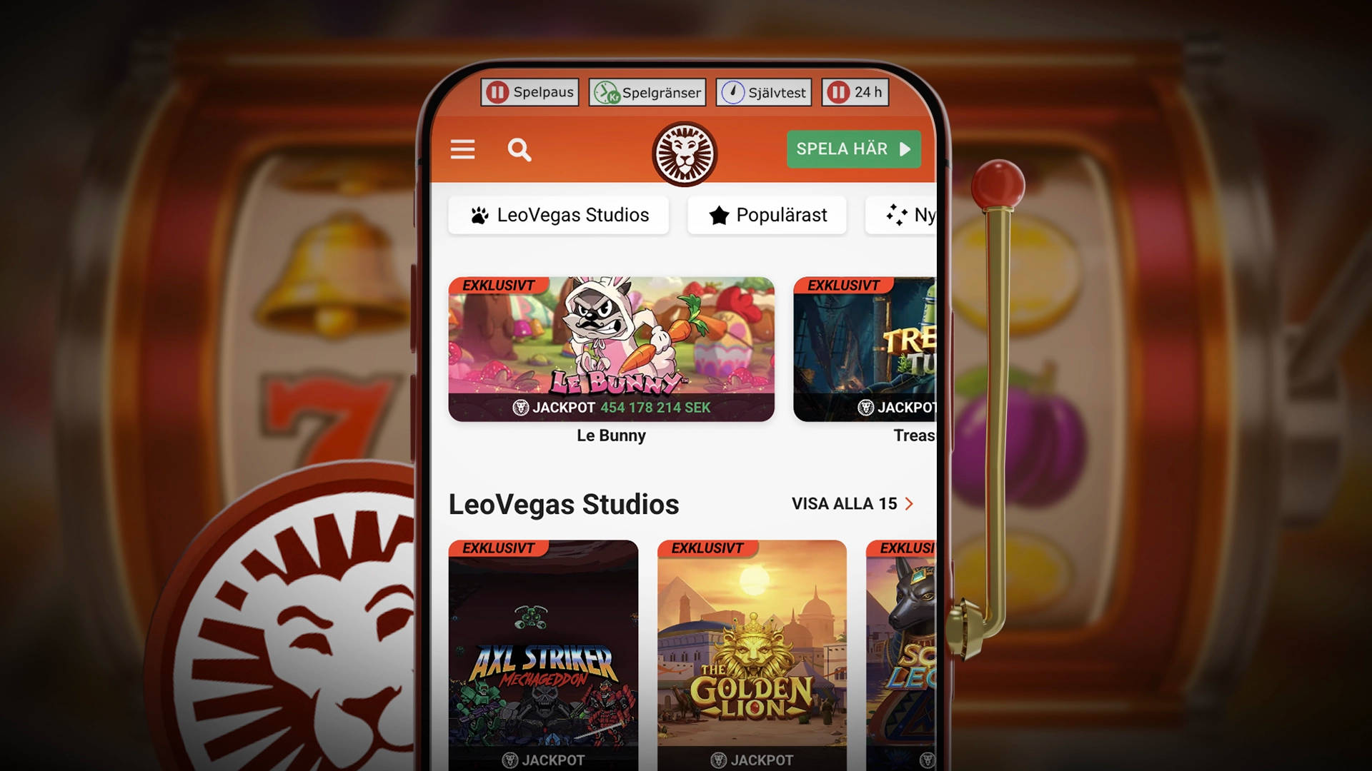 En mobil utformad som en spelautomat visar populära slots och symboler.