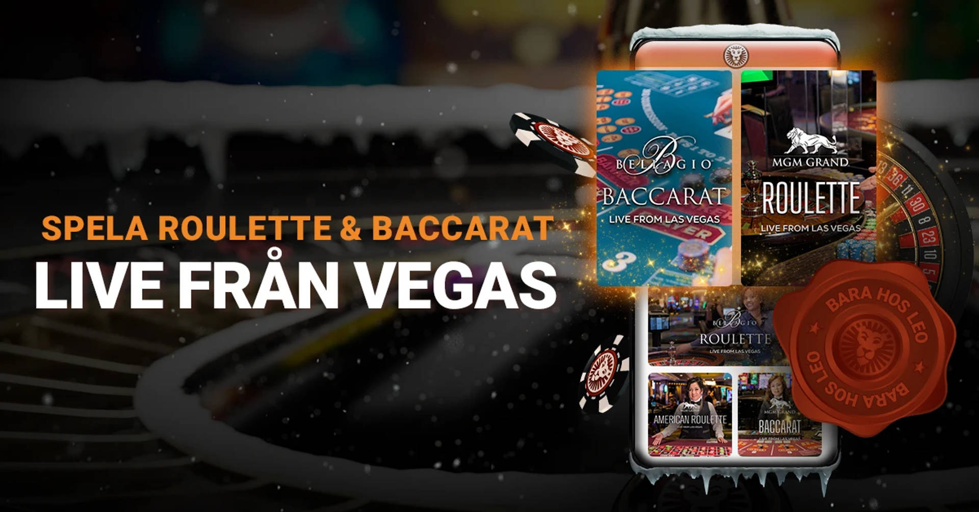 En mobil visar live baccarat och roulette, streamade direkt från ett casino i Las Vegas