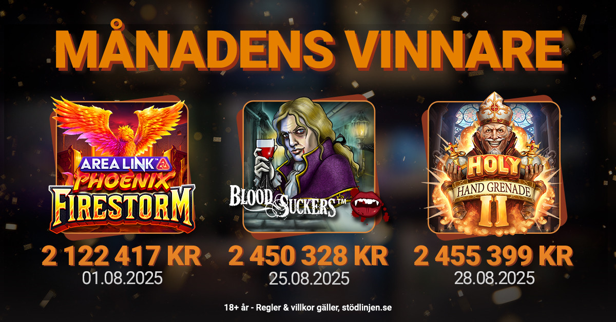 Månadens vinnare augusti 2025 med spelautomaterna Phoenix Firestorm, Blood Suckers och Holy Hand Grenade II samt datum och vinstsumma.