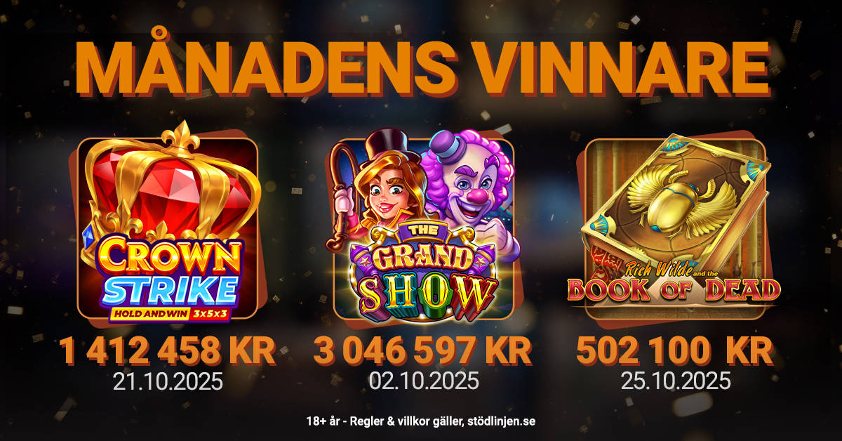 Oktober månadens vinnare: Crown Strike, The Grand Show och Book of Dead.