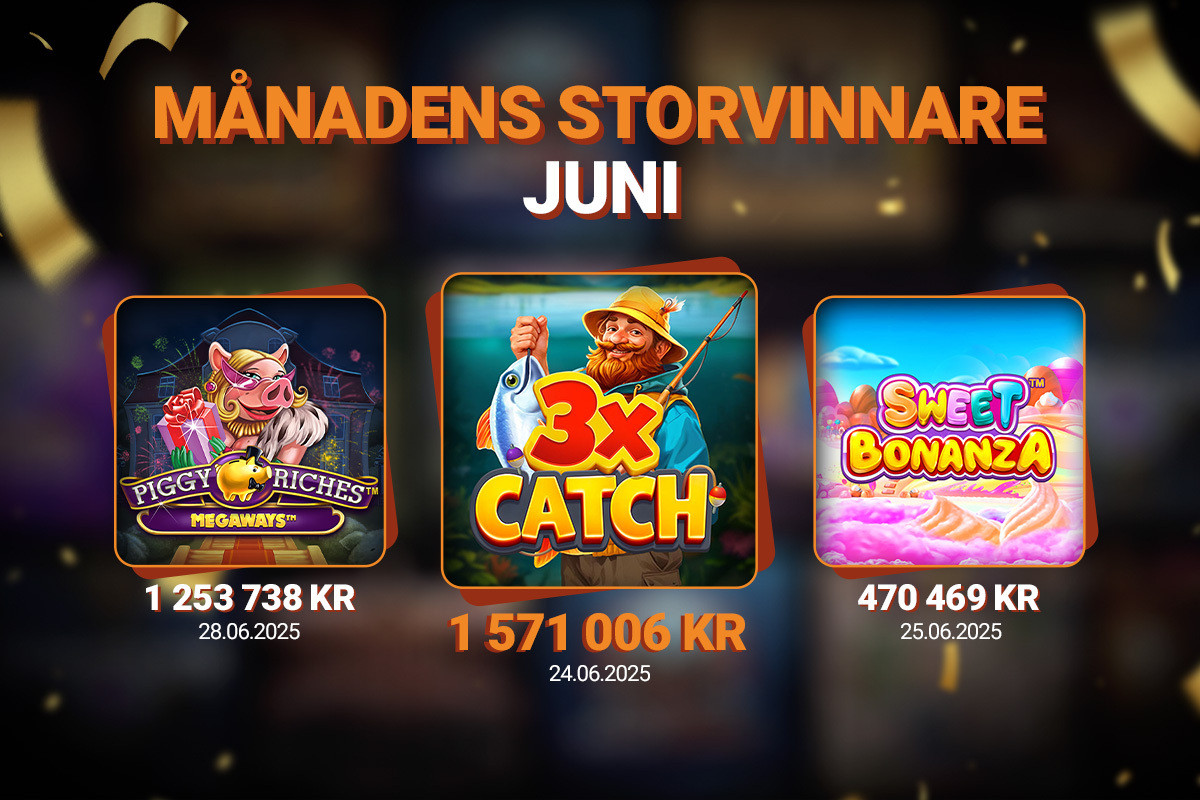 Månadens storvinnare Juni: Piggy Riches Megaways, 3x Catch och Sweet Bonanza slots med vinster och datum.