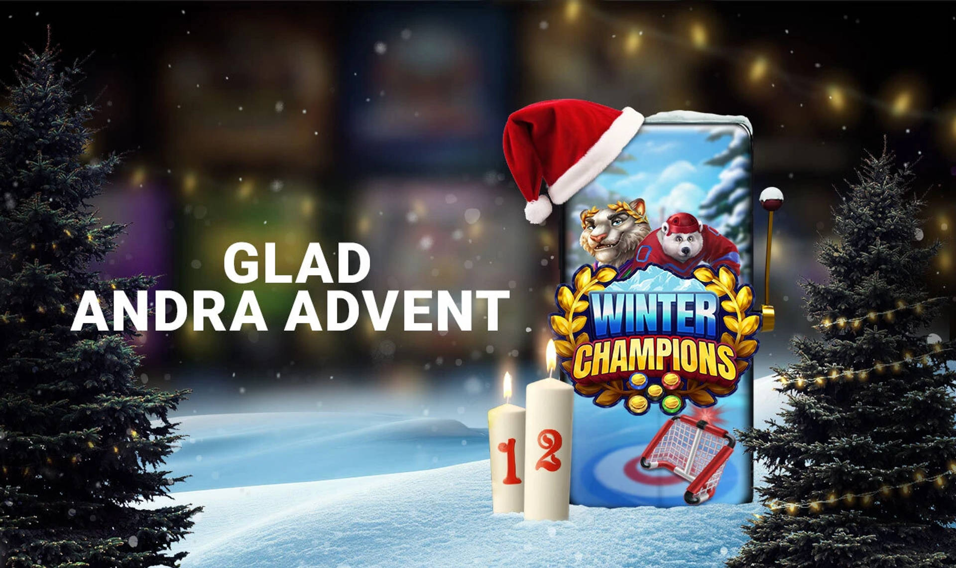 En mobil visar winter champions, en julig slotmaskin dekorerad med julgran och tomteluva för andra advent