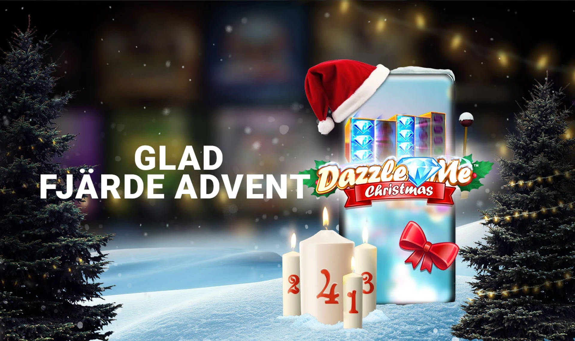 En mobil visar Dazzle Me Christmas, en julig slotmaskin dekorerad med julgran och tomteluva för fjärde advent