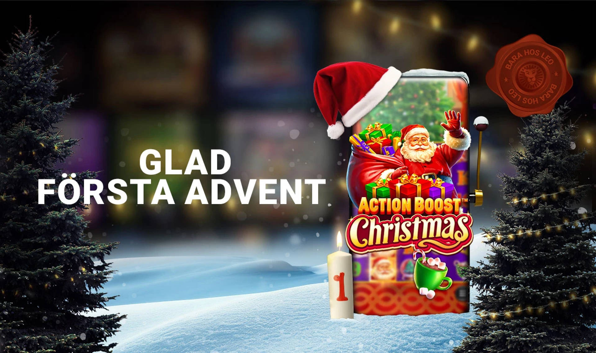 En mobil visar christmas action boost, en julig slotmaskin dekorerad med julgran och tomteluva för första advent