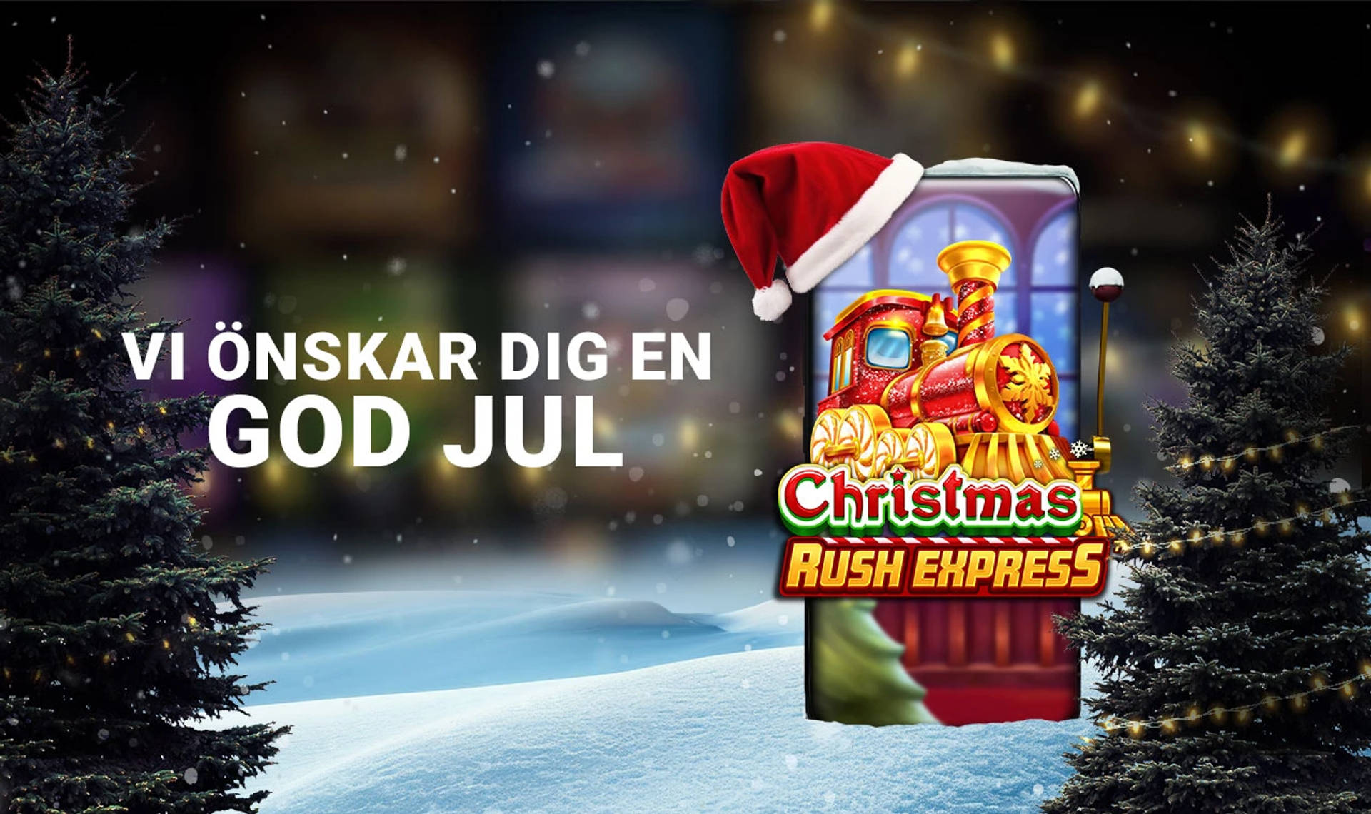 En mobil visar Christmas Rush Express, en julig slotmaskin med julgran och tomteluva