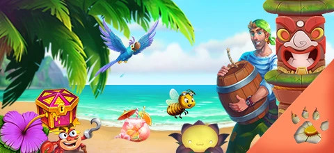 Strandscen med pirat, skattkista, papegoja och andra karaktärer från populära sommar slots.
