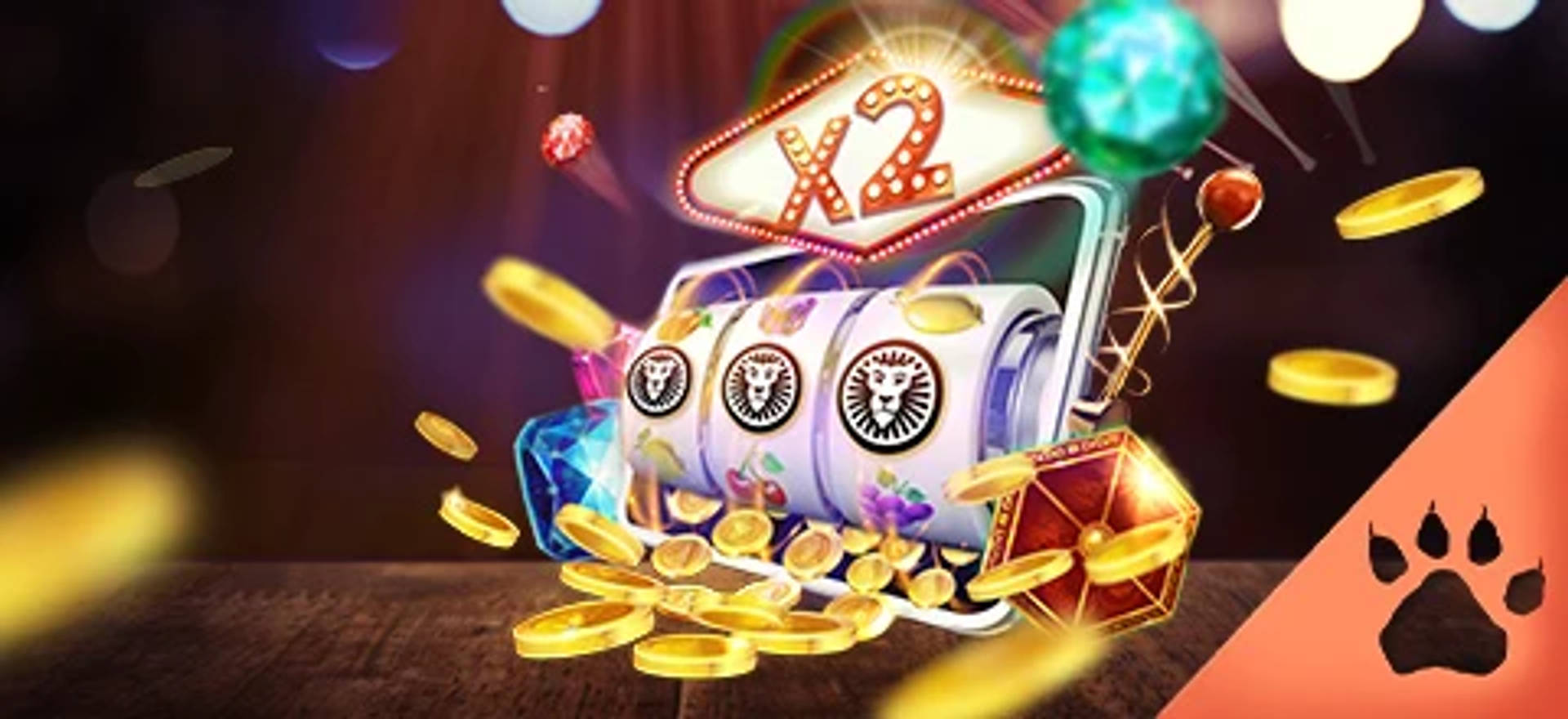En slotmaskin visar en 2x multiplikator medan den betalar ut en storvinst i guldmynt