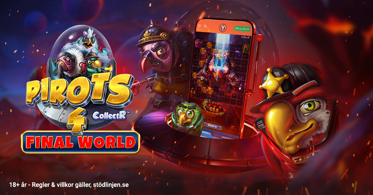 Bild av spelet "Pirots 4 CollectR Final World" med spelkaraktärer och en mobiltelefon som visar spelet.
