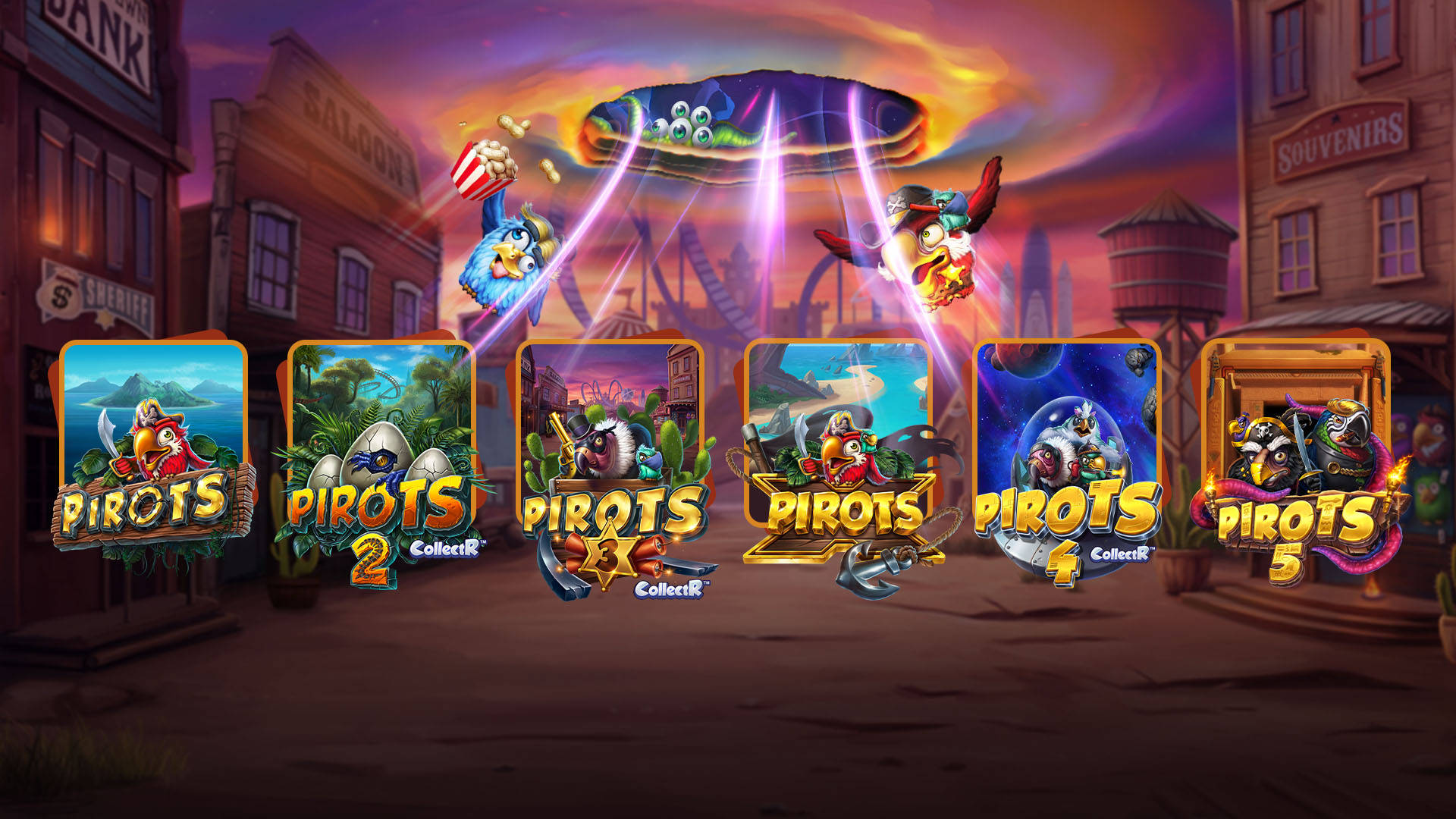Omslagsbilder för spelautomaten Pirots 1 till 5.
