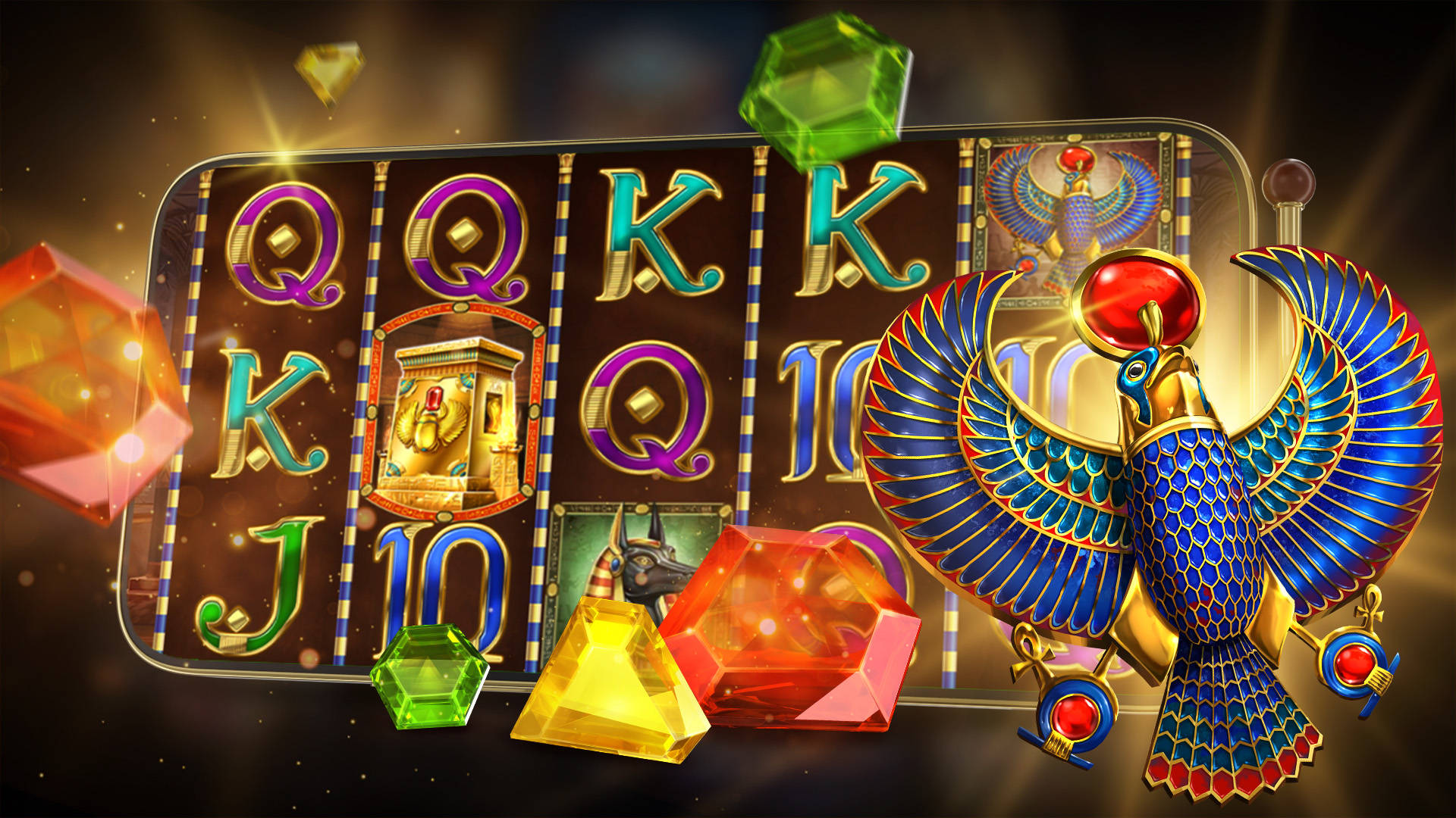 En mobil som visar en online slot och symboler.