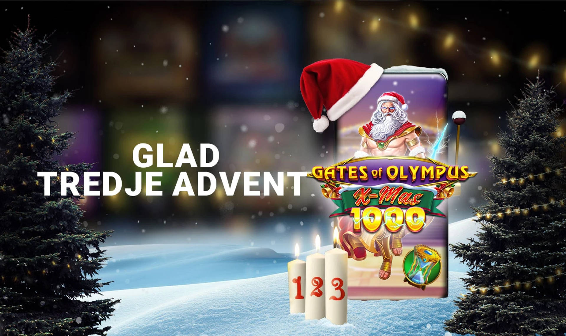 En mobil visar Gates of Olympus X-mas 1000, en slotmaskin med jultema.