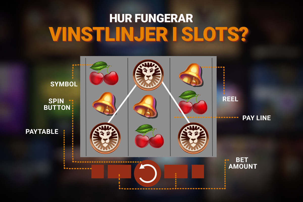 Illustration som förklarar vinstlinjer i slots med symboler, hjul, betalningslinje och snurrknapp.