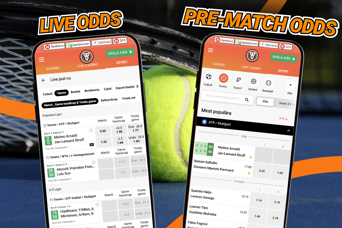 Live och Pre-match odds på tennis via mobilapp.