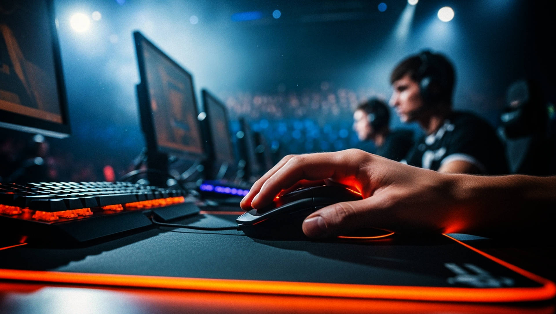 närbild på en Esport-spelares hand och datormus.