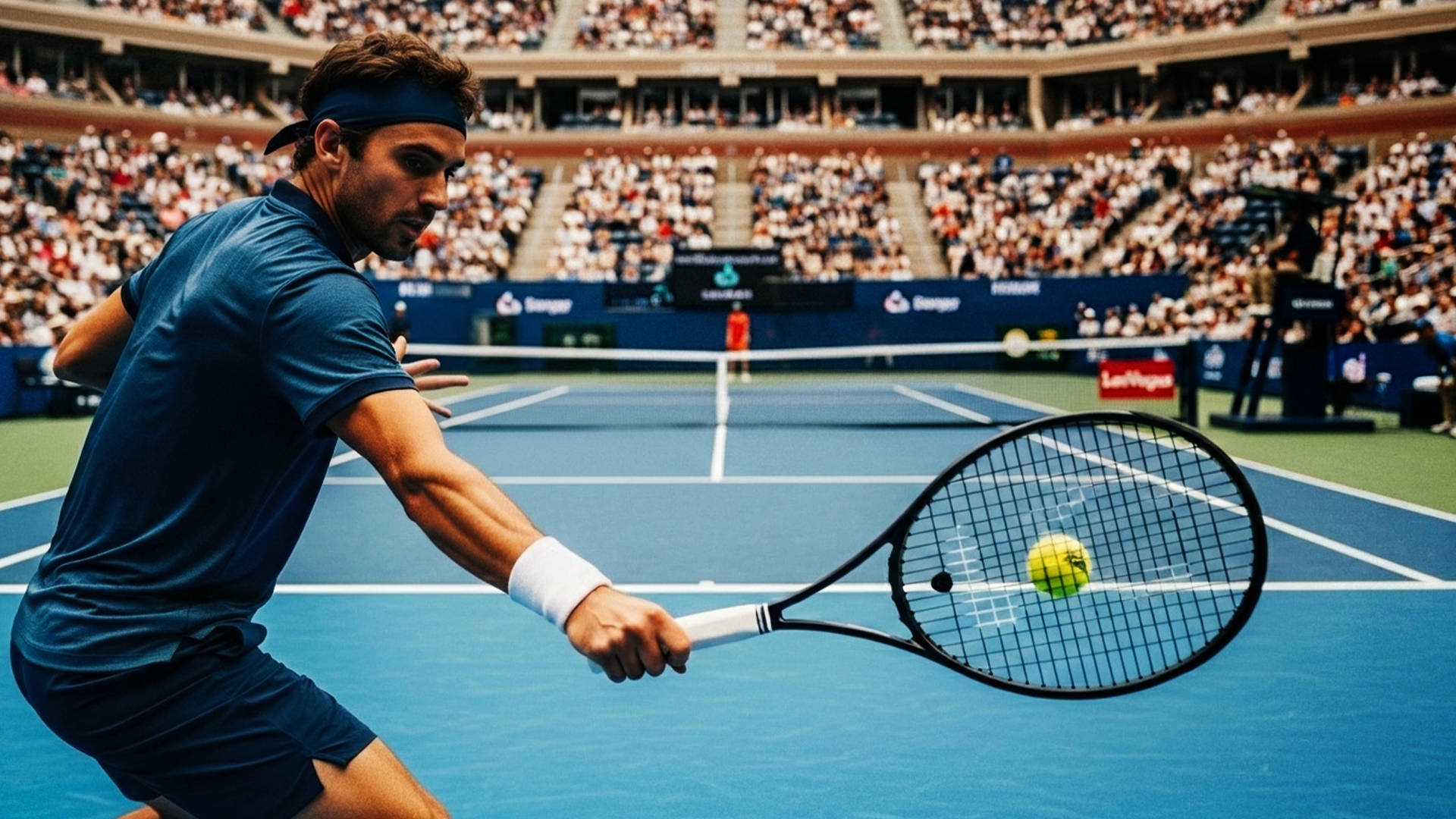Närbild på en spelare som håller ett tennisrack och slår tennis bollen.