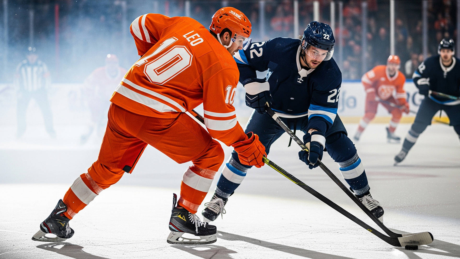 Närbild på två hockeyspelare och pucken