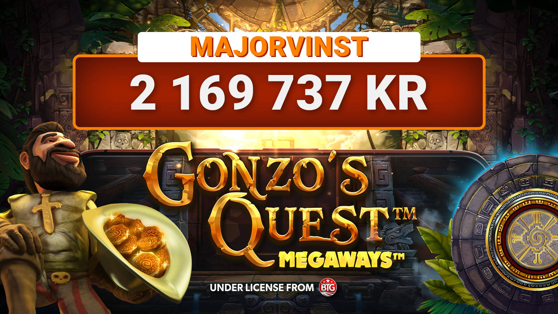 Leojackpot ger majorvinst på 2 169 737 kr i Gonzo's Quest MEGAWAYS.