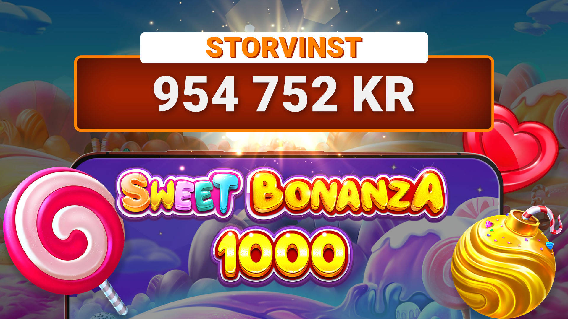 En storvinst på 954 752 kr i spelet Sweet Bonanza 1000.
