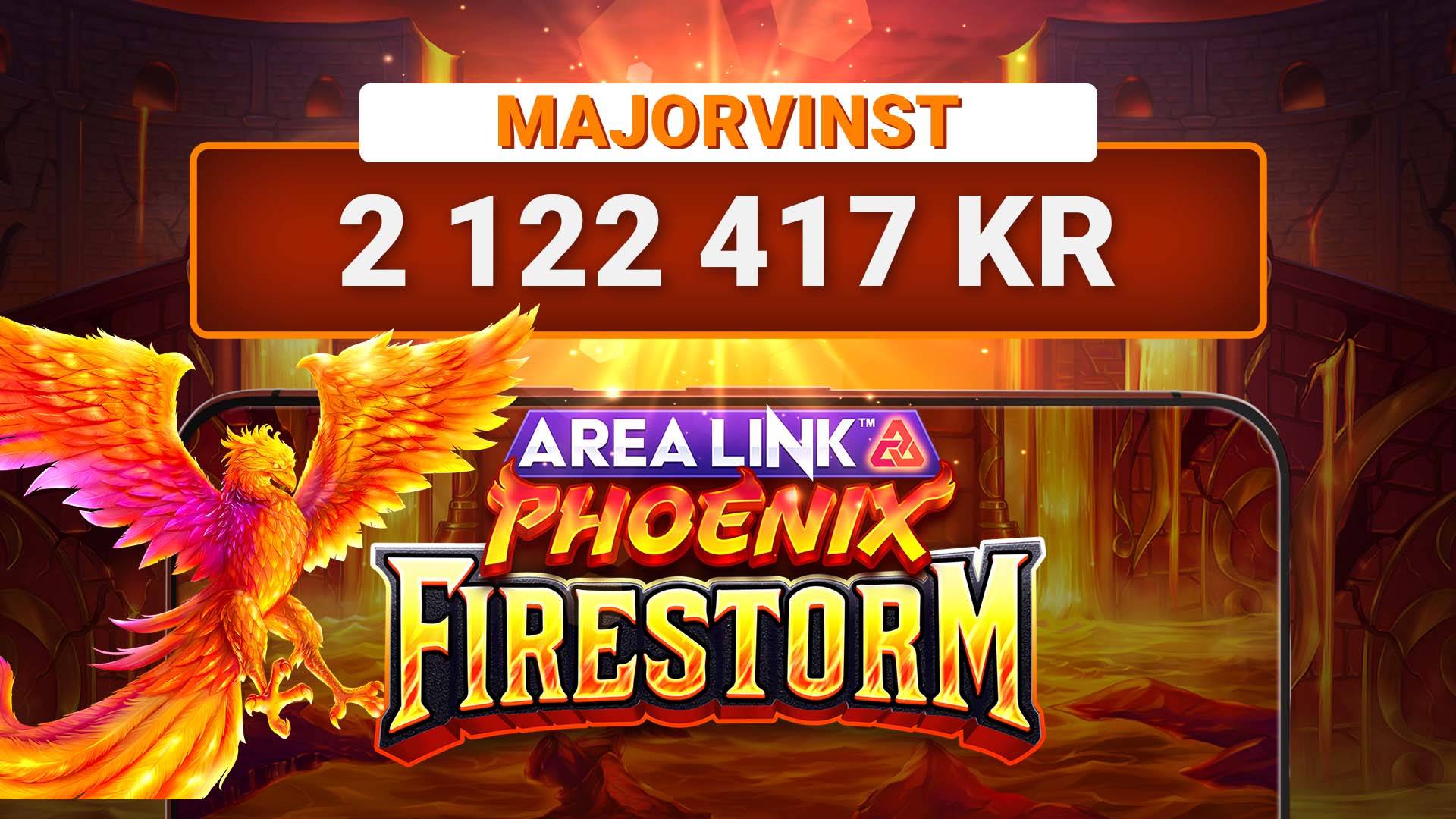 Leojackpot vinst på 2 122 417 kr i spelautomaten Area Link Phoenix Firestorm.
